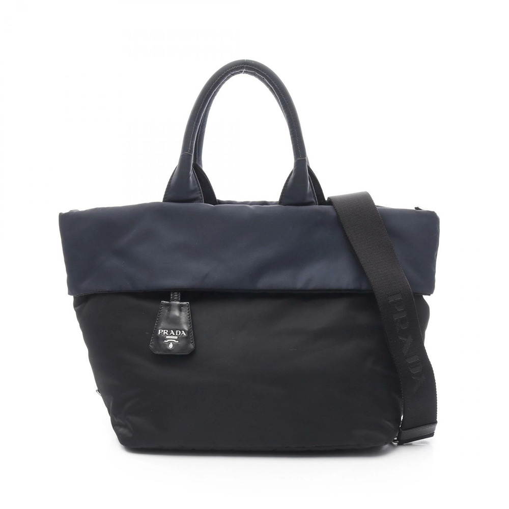 Prada TESSUTO DOUBLE Tote Bag Leather Black Navy Blue
